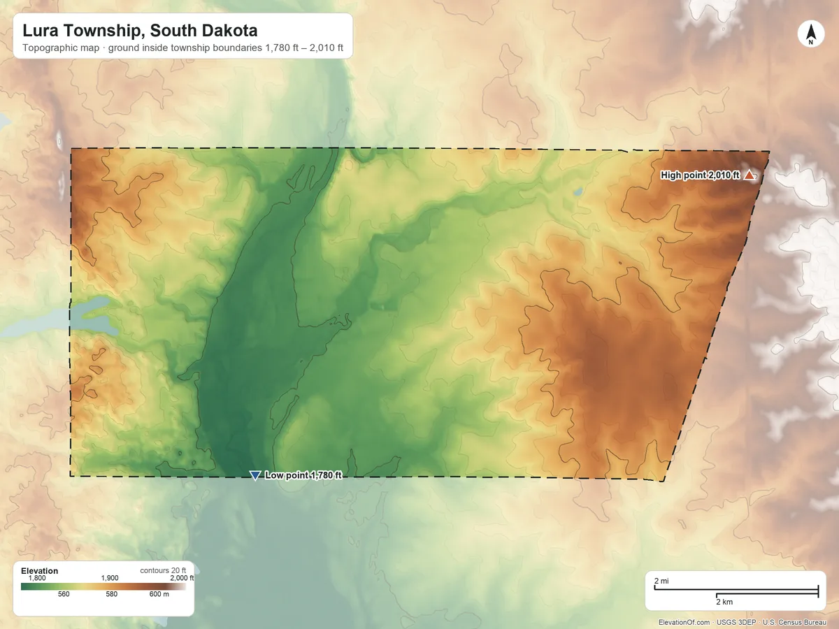 Topographic elevation map of Lura Township, South Dakota, shaded from 1,780 ft on the southwest side to 2,010 ft on the northeast side