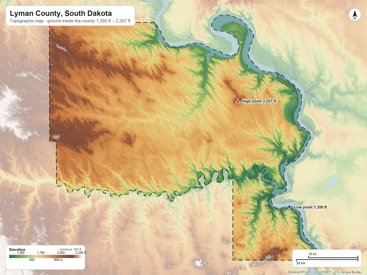 Topographic elevation map of Lyman County, South Dakota, shaded from 1,350 ft on the southeast side to 2,257 ft on Medicine Butte