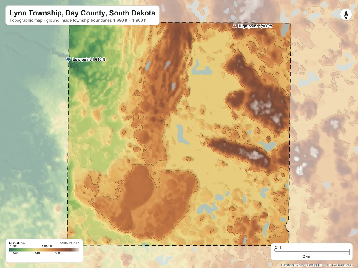 Topographic elevation map of Lynn Township, Day County, South Dakota, shaded from 1,690 ft on the northwest side to 1,900 ft on the north side