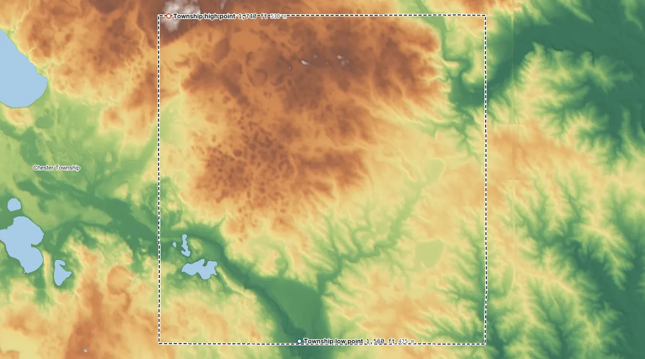 Topographic elevation map of Lynn Township, Moody County, South Dakota, shaded from 1,560 ft on the south side to 1,740 ft on the northwest side