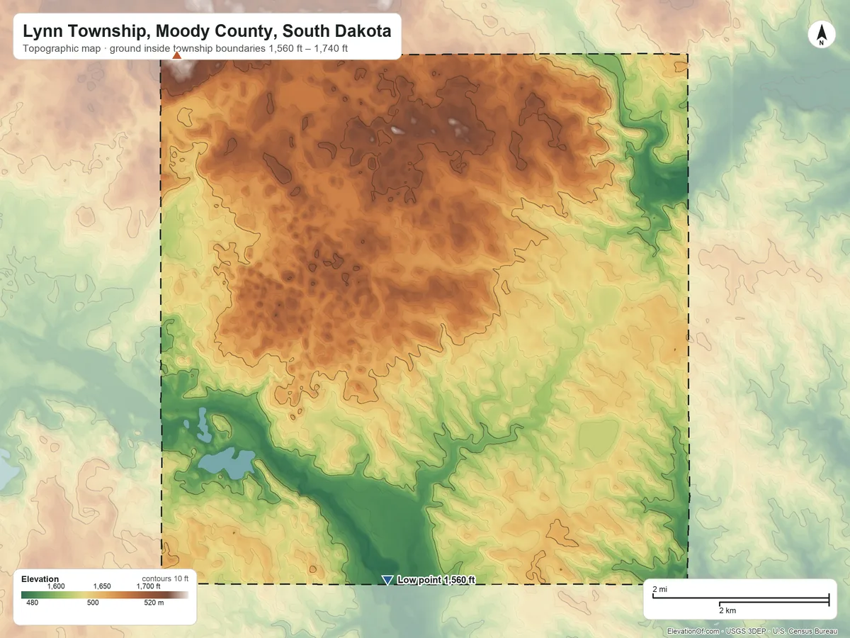 Topographic elevation map of Lynn Township, Moody County, South Dakota, shaded from 1,560 ft on the south side to 1,740 ft on the northwest side
