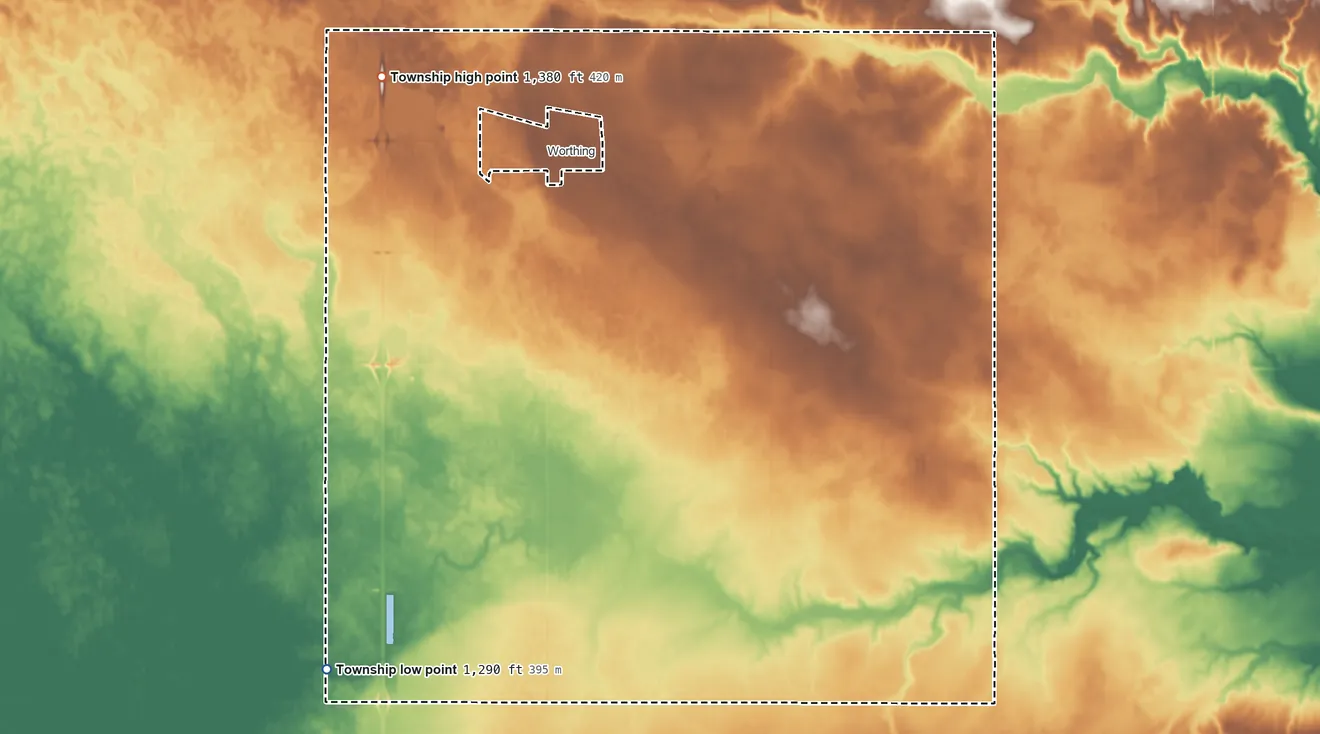 Topographic elevation map of Lynn Township, South Dakota, shaded from 1,290 ft on the southwest side to 1,380 ft on the northwest side