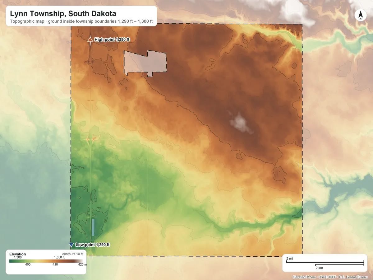 Topographic elevation map of Lynn Township, South Dakota, shaded from 1,290 ft on the southwest side to 1,380 ft on the northwest side