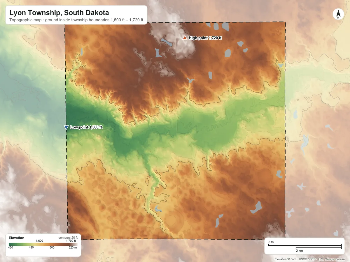 Topographic elevation map of Lyon Township, South Dakota, shaded from 1,500 ft on the northwest side to 1,720 ft on the north side