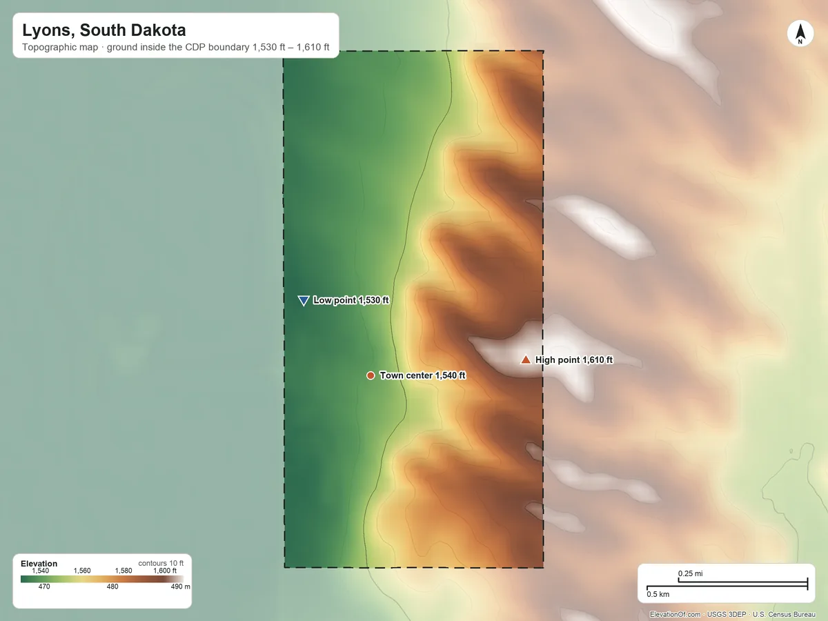 Topographic elevation map of Lyons, South Dakota, shaded from 1,530 ft on the northwest side to 1,610 ft on the east side