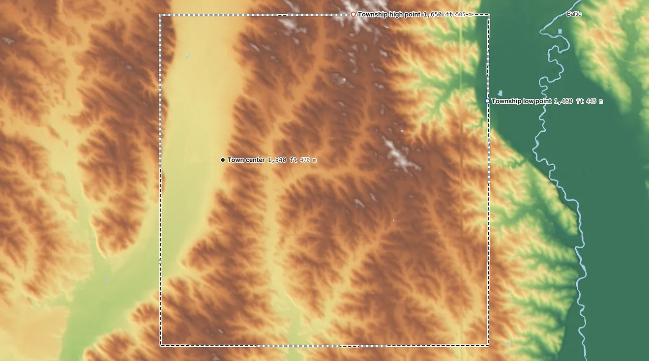 Topographic elevation map of Lyons Township, South Dakota, shaded from 1,460 ft on the east side to 1,650 ft on the northeast side