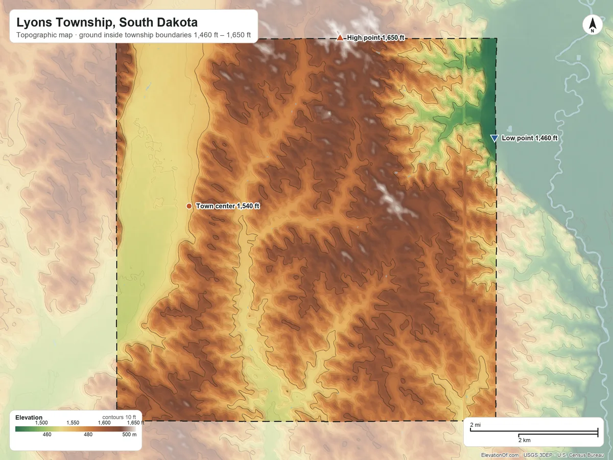 Topographic elevation map of Lyons Township, South Dakota, shaded from 1,460 ft on the east side to 1,650 ft on the northeast side