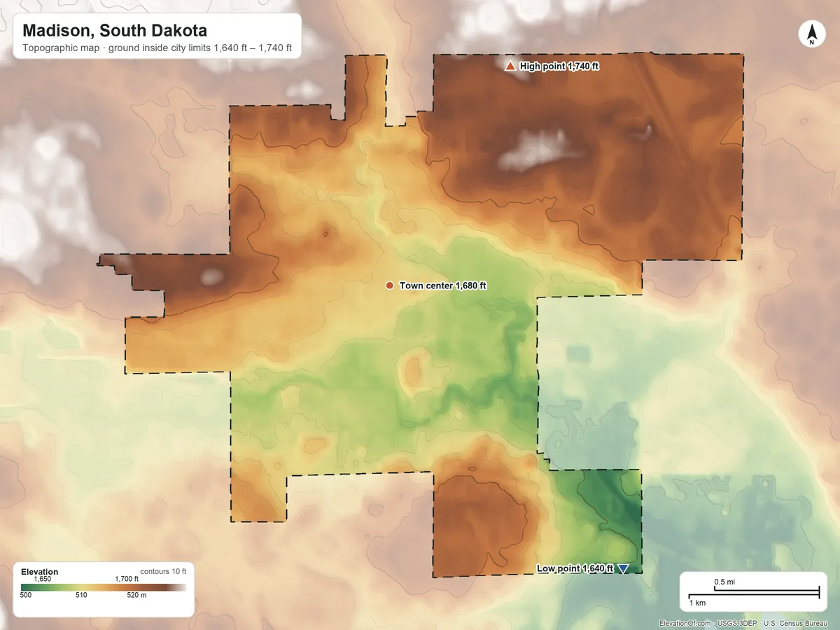 Topographic elevation map of Madison, South Dakota, shaded from 1,640 ft on the southeast side to 1,740 ft on the northeast side