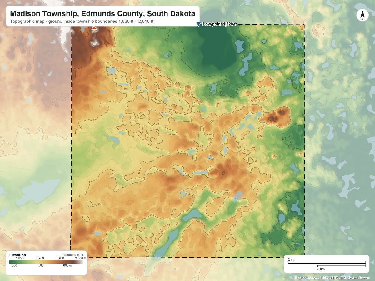 Topographic elevation map of Madison Township, Edmunds County, South Dakota, shaded from 1,820 ft on the north side to 2,010 ft on the northwest side