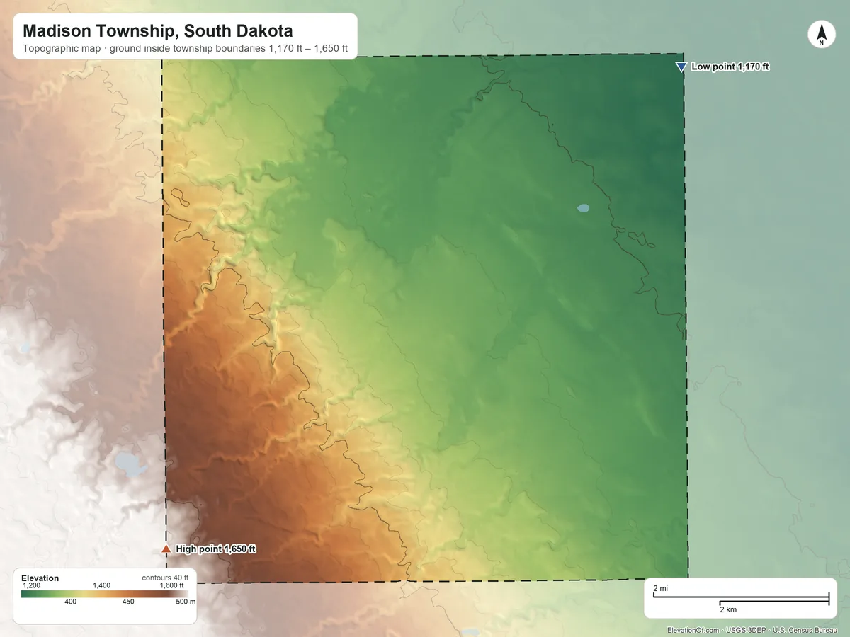 Topographic elevation map of Madison Township, South Dakota, shaded from 1,170 ft on the northeast side to 1,650 ft on the southwest side