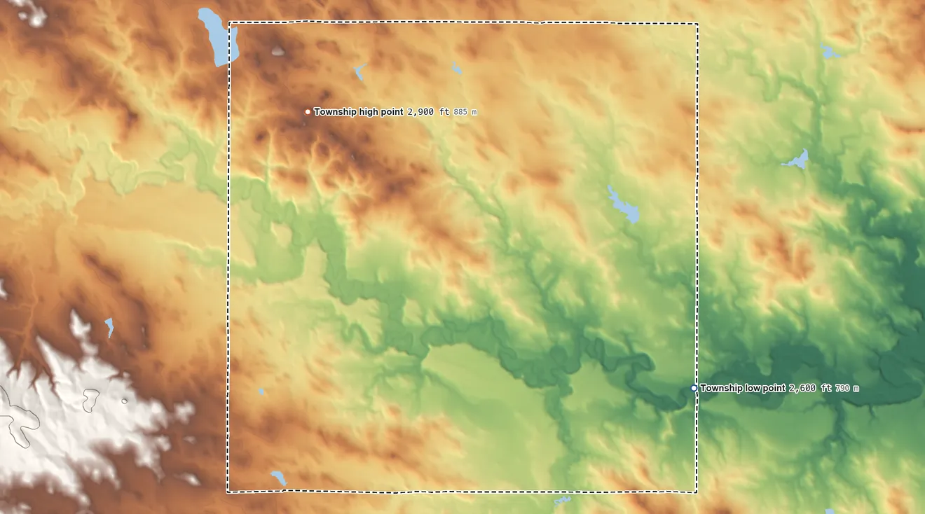 Topographic elevation map of Maltby Township, South Dakota, shaded from 2,600 ft on the southeast side to 2,900 ft on Chimney Butte