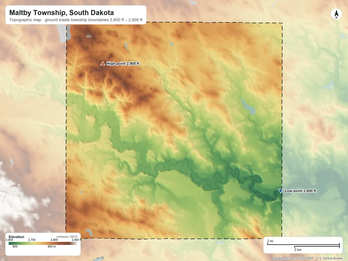 Topographic elevation map of Maltby Township, South Dakota, shaded from 2,600 ft on the southeast side to 2,900 ft on Chimney Butte