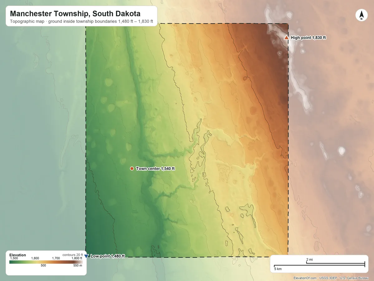 Topographic elevation map of Manchester Township, South Dakota, shaded from 1,480 ft on the southwest side to 1,830 ft on the northeast side