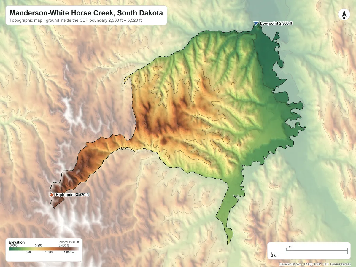Topographic elevation map of Manderson-White Horse Creek, South Dakota, shaded from 2,960 ft on the northeast side to 3,520 ft on the southwest side