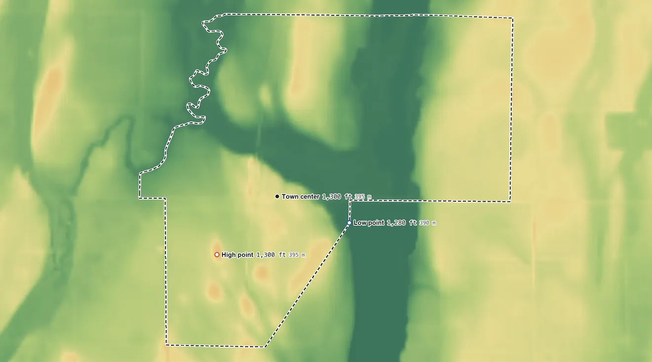 Topographic elevation map of Mansfield, South Dakota, shaded from 1,280 ft on the east side to 1,300 ft on the southwest side