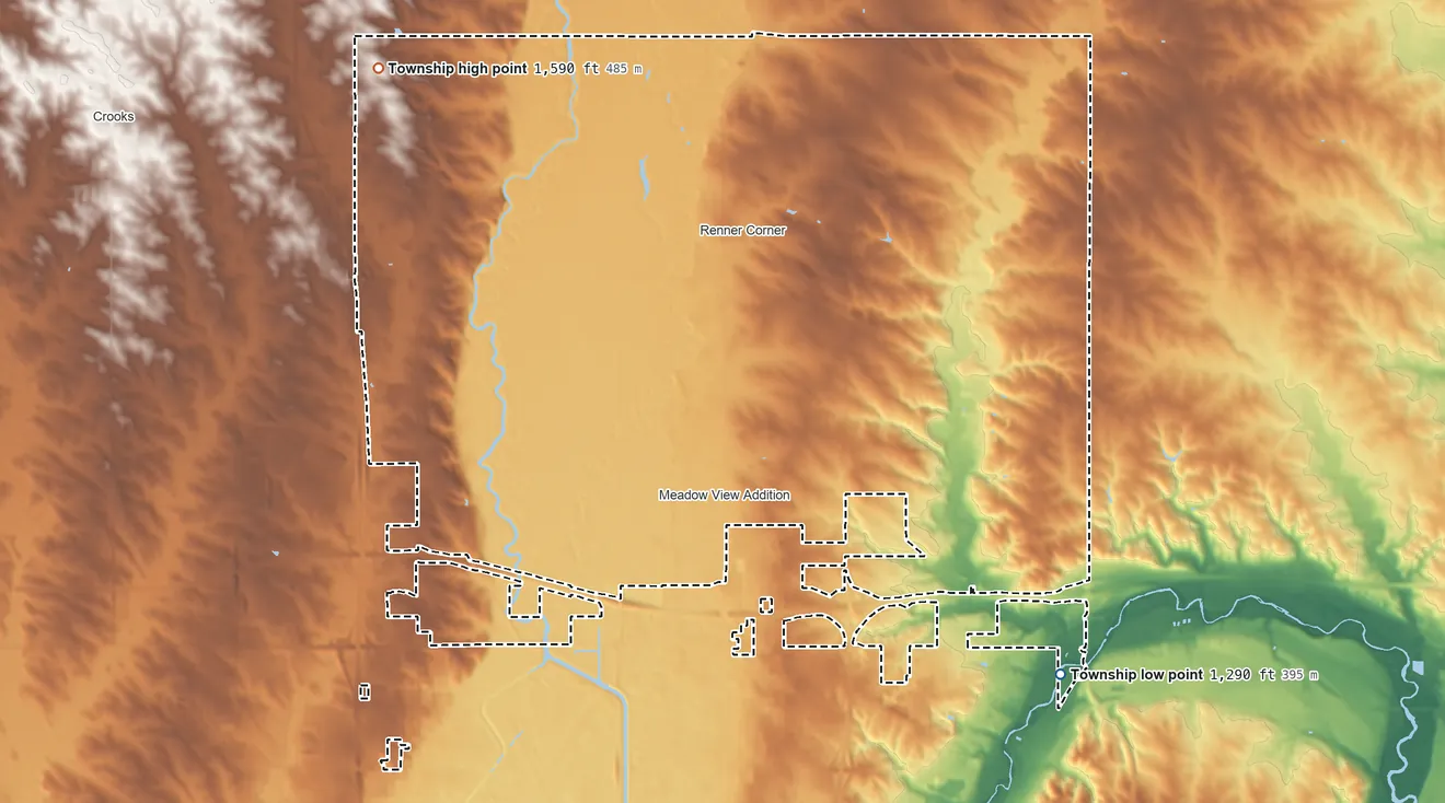 Topographic elevation map of Mapleton Township, South Dakota, shaded from 1,290 ft on the southeast side to 1,590 ft on the northwest side