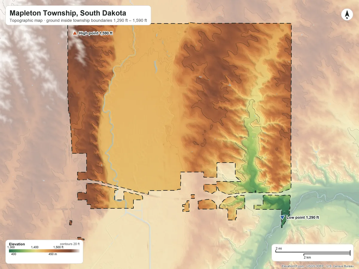 Topographic elevation map of Mapleton Township, South Dakota, shaded from 1,290 ft on the southeast side to 1,590 ft on the northwest side