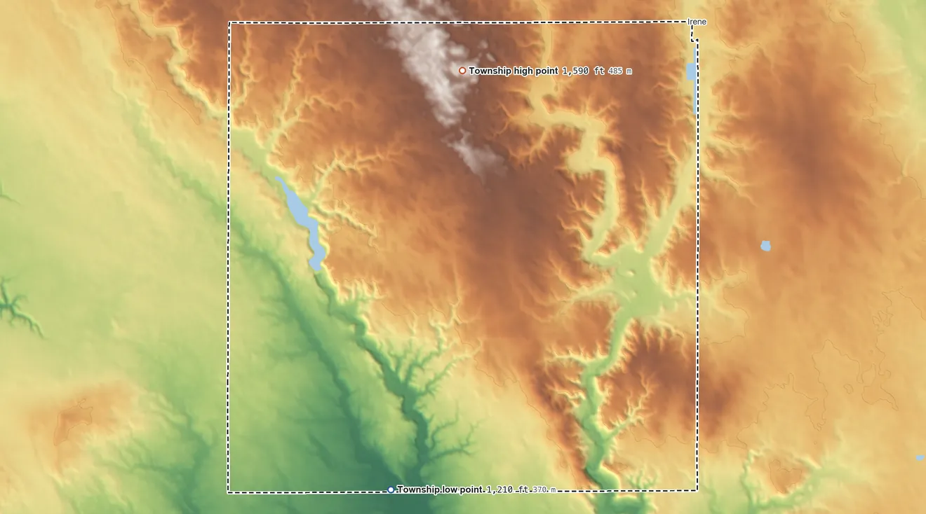 Topographic elevation map of Marindahl Township, South Dakota, shaded from 1,210 ft on the south side to 1,590 ft on the north side