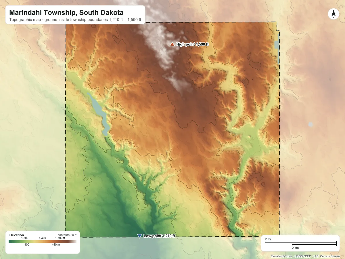 Topographic elevation map of Marindahl Township, South Dakota, shaded from 1,210 ft on the south side to 1,590 ft on the north side