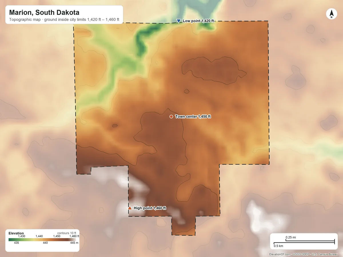 Topographic elevation map of Marion, South Dakota, shaded from 1,420 ft on the north side to 1,460 ft on the southwest side