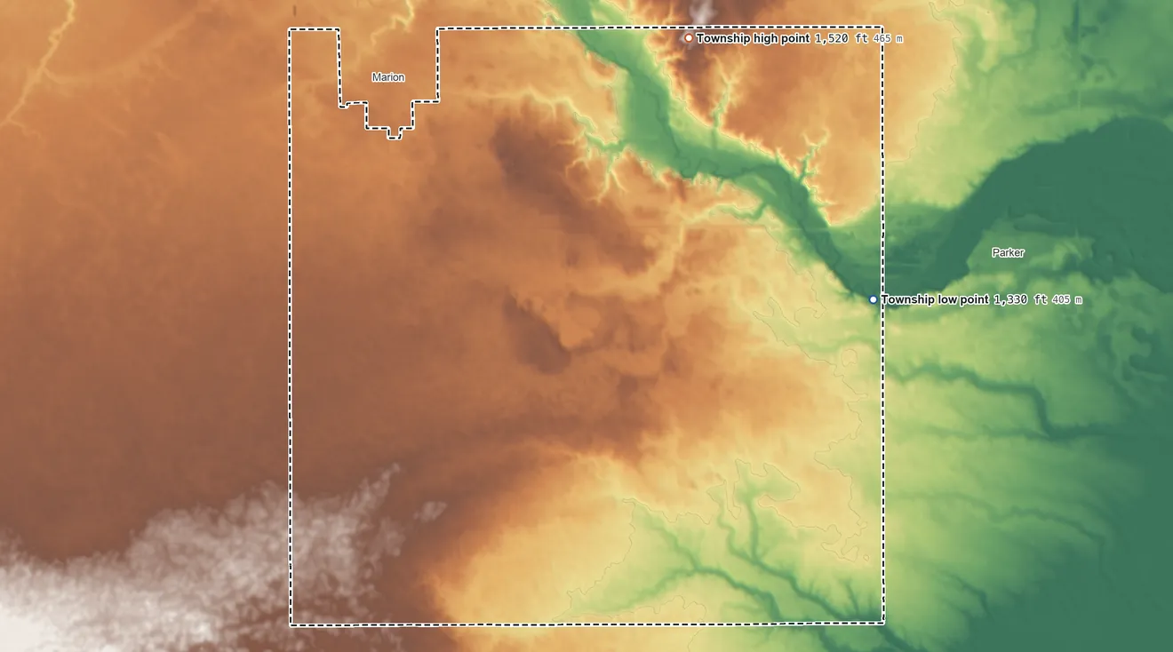 Topographic elevation map of Marion Township, South Dakota, shaded from 1,330 ft on the east side to 1,520 ft on the northeast side