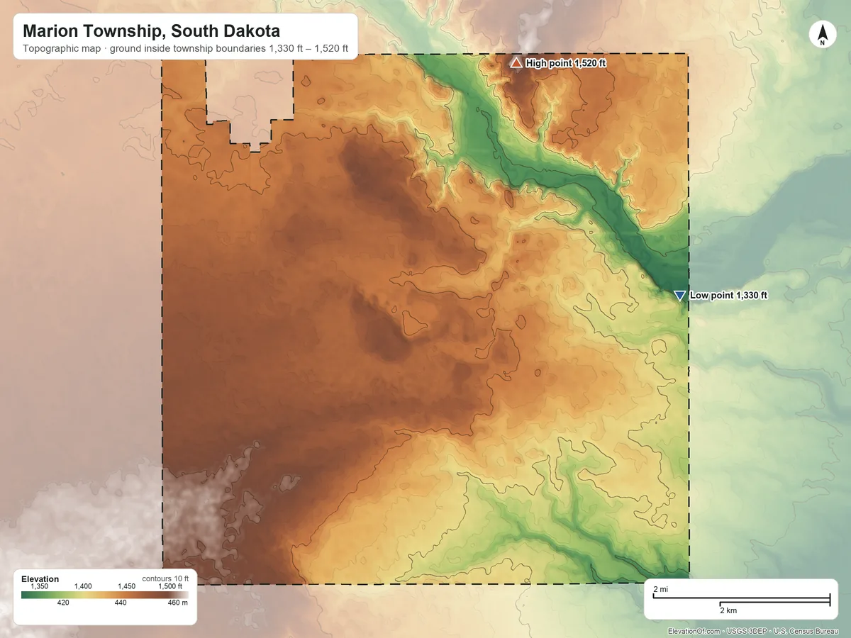 Topographic elevation map of Marion Township, South Dakota, shaded from 1,330 ft on the east side to 1,520 ft on the northeast side
