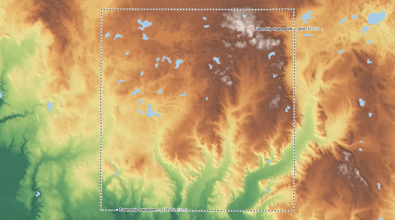 Topographic elevation map of Marlar Township, South Dakota, shaded from 1,730 ft on the southwest side to 2,060 ft on the northeast side