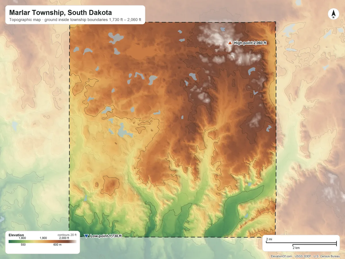 Topographic elevation map of Marlar Township, South Dakota, shaded from 1,730 ft on the southwest side to 2,060 ft on the northeast side