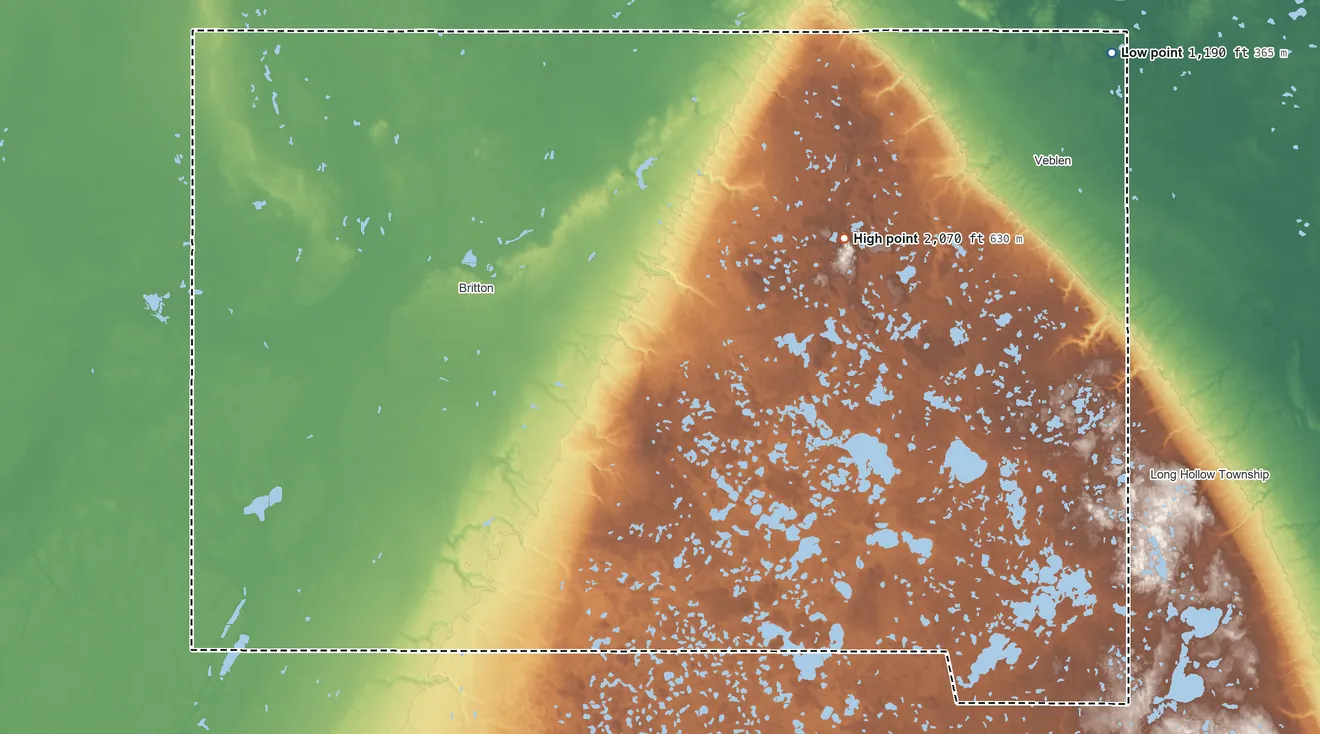Topographic elevation map of Marshall County, South Dakota, shaded from 1,190 ft on the northeast side to 2,070 ft on Pleasant Peak