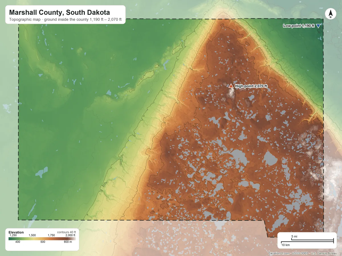 Topographic elevation map of Marshall County, South Dakota, shaded from 1,190 ft on the northeast side to 2,070 ft on Pleasant Peak
