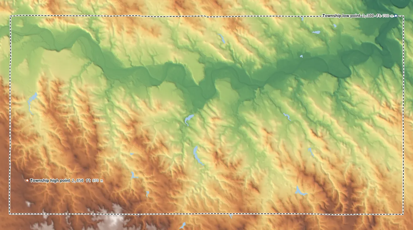 Topographic elevation map of Marshfield Township, South Dakota, shaded from 2,300 ft on the northeast side to 2,850 ft on Square Top Butte
