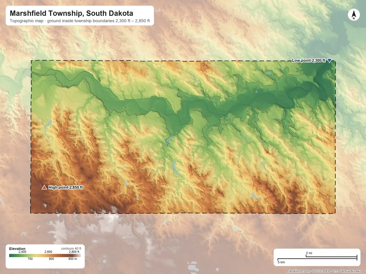 Topographic elevation map of Marshfield Township, South Dakota, shaded from 2,300 ft on the northeast side to 2,850 ft on Square Top Butte
