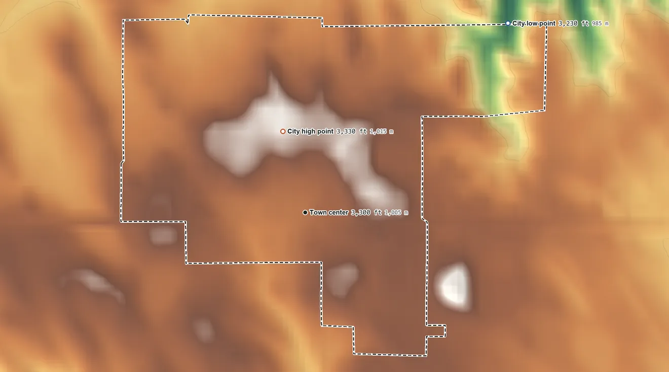 Topographic elevation map of Martin, South Dakota, shaded from 3,230 ft on the northeast side to 3,330 ft on the north side