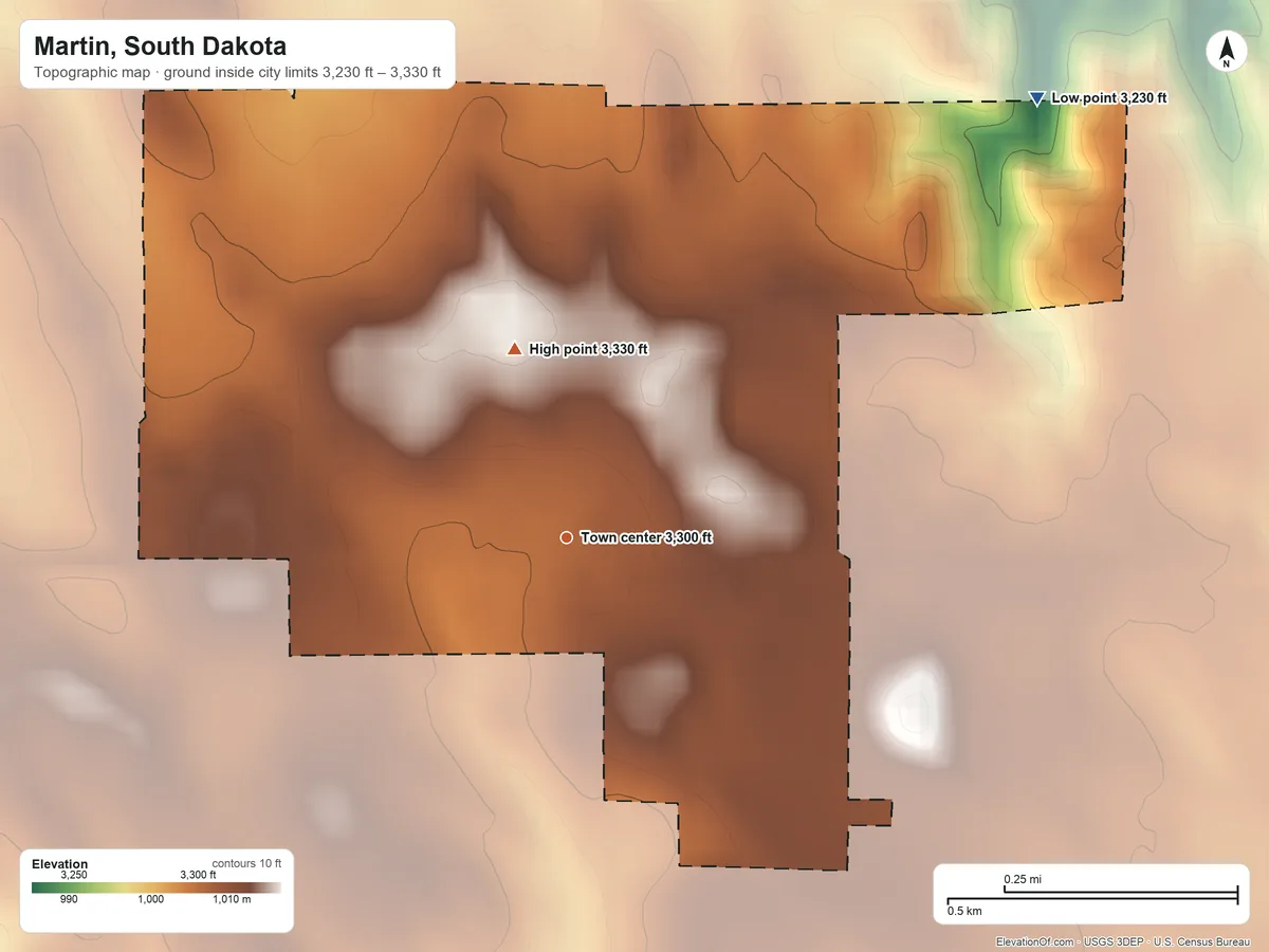 Topographic elevation map of Martin, South Dakota, shaded from 3,230 ft on the northeast side to 3,330 ft on the north side
