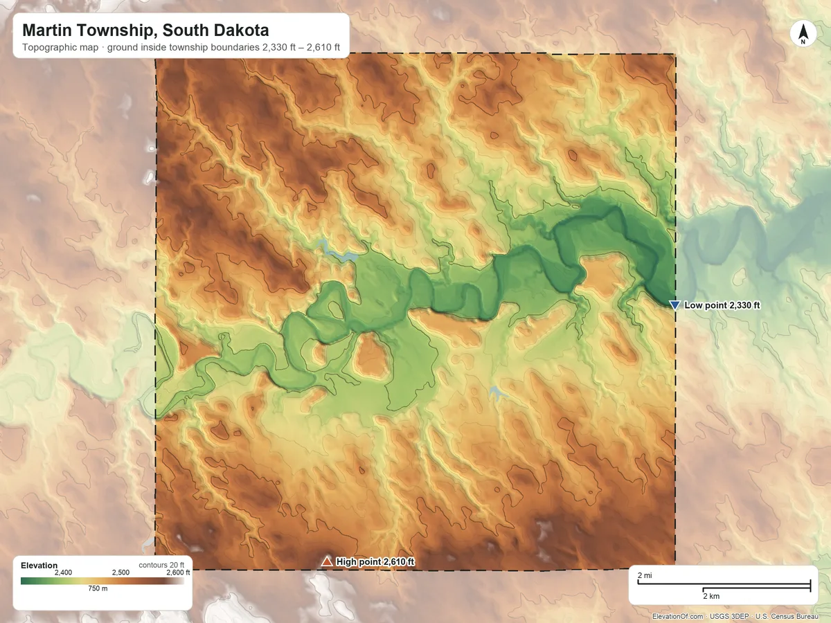 Topographic elevation map of Martin Township, South Dakota, shaded from 2,330 ft on the northeast side to 2,610 ft on the southwest side