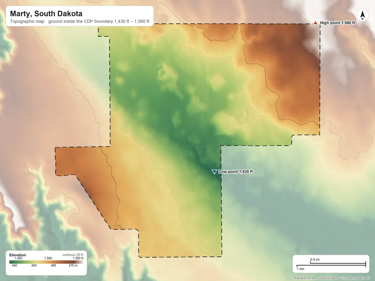 Topographic elevation map of Marty, South Dakota, shaded from 1,430 ft on the southeast side to 1,560 ft on the east side