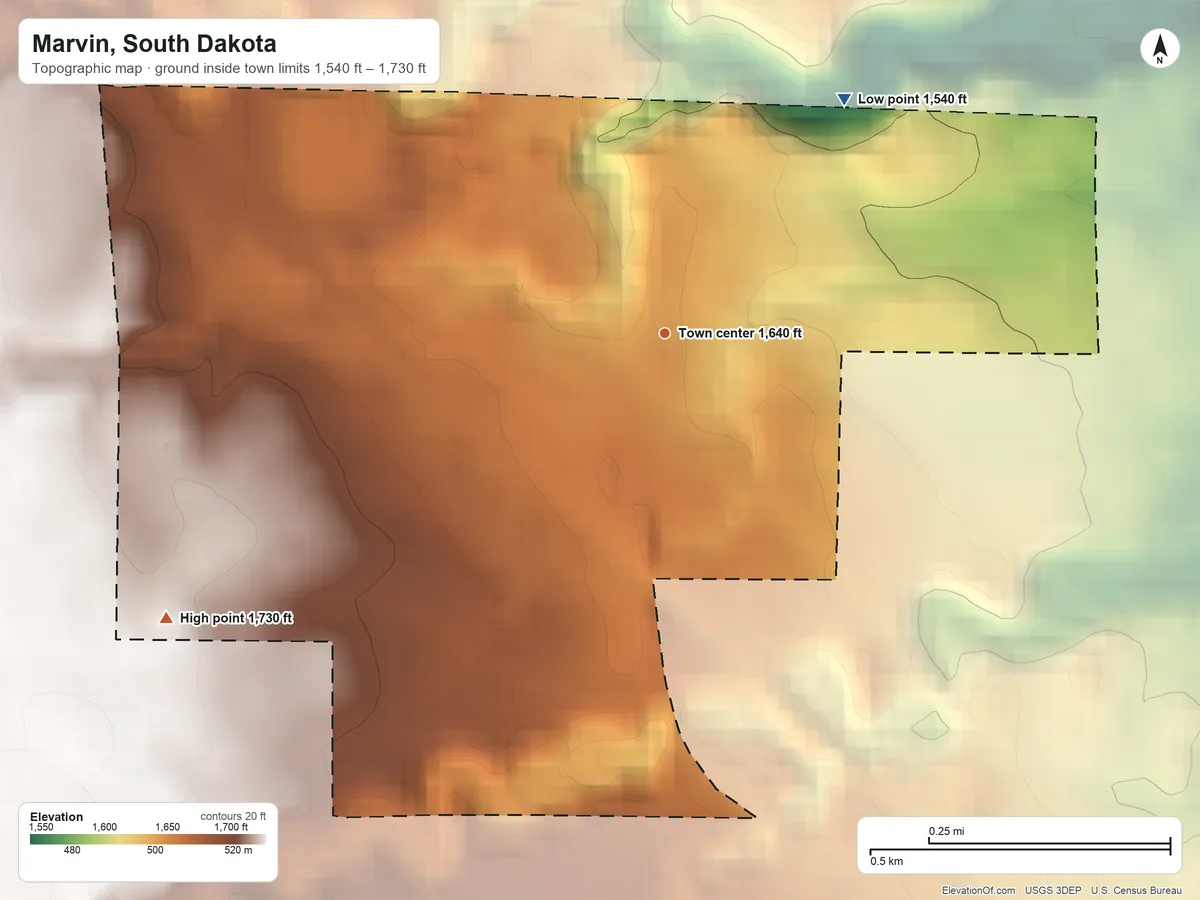 Topographic elevation map of Marvin, South Dakota, shaded from 1,540 ft on the northeast side to 1,730 ft on the southwest side