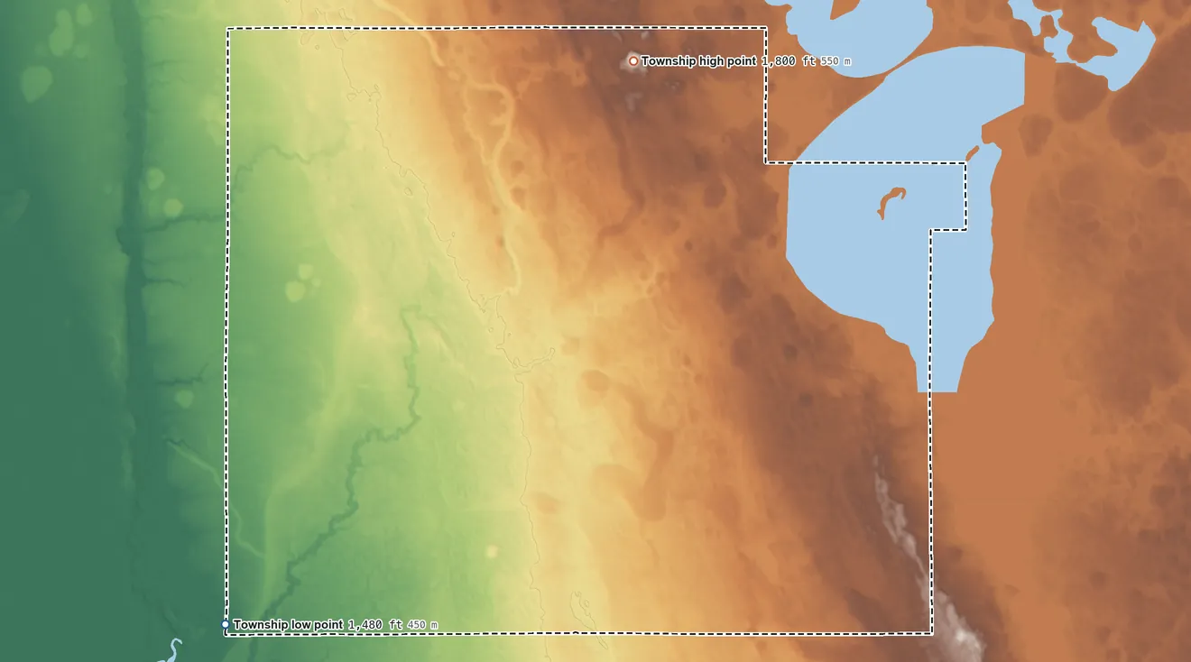 Topographic elevation map of Mathews Township, South Dakota, shaded from 1,480 ft on the southwest side to 1,800 ft on the north side