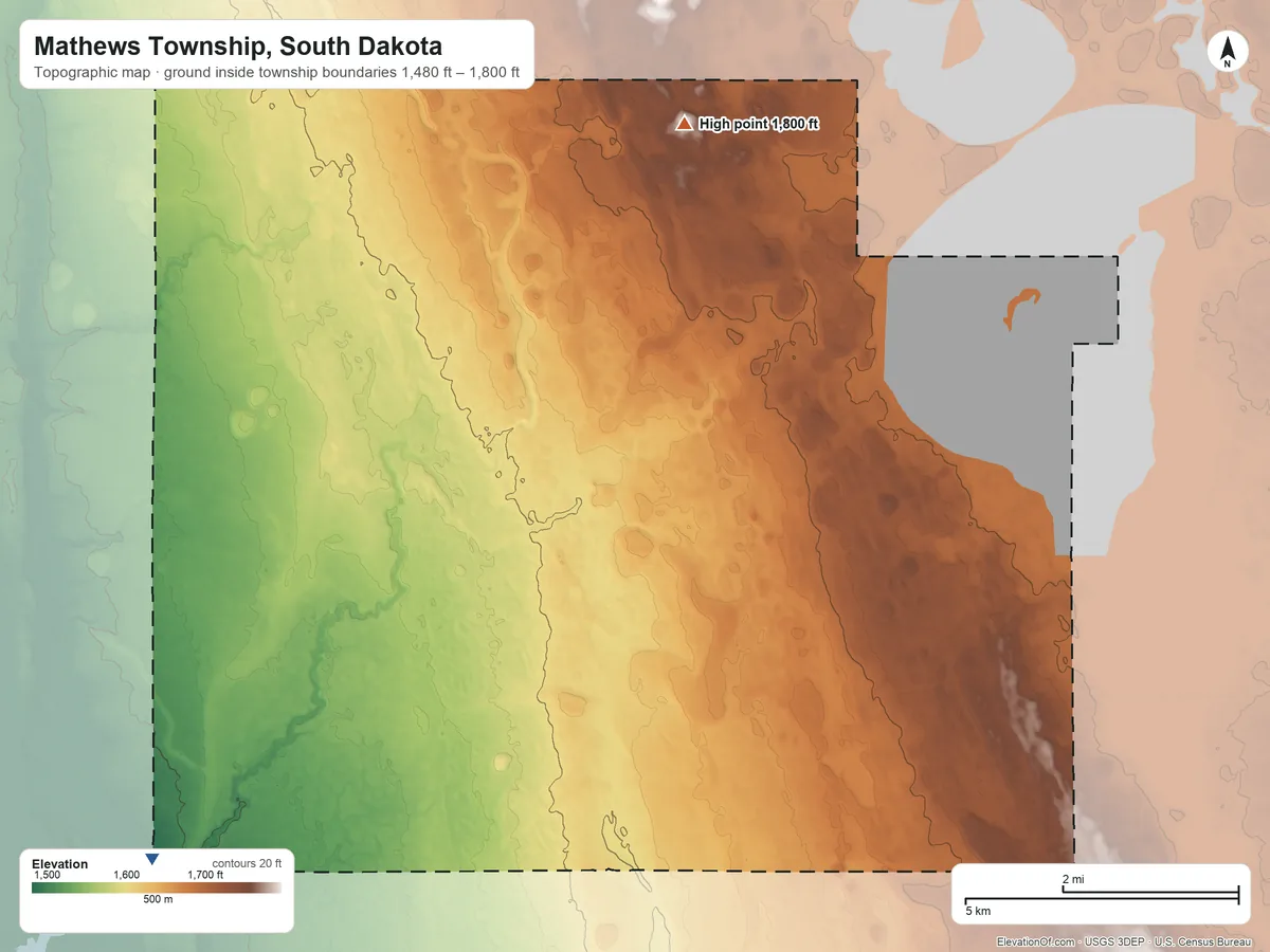 Topographic elevation map of Mathews Township, South Dakota, shaded from 1,480 ft on the southwest side to 1,800 ft on the north side