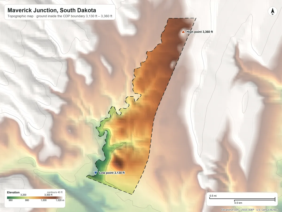 Topographic elevation map of Maverick Junction, South Dakota, shaded from 3,130 ft on the west side to 3,360 ft at the foot of the Seven Sisters Range