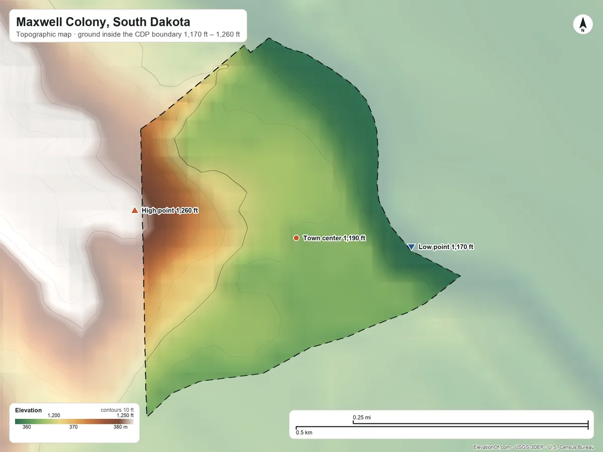 Topographic elevation map of Maxwell Colony, South Dakota, shaded from 1,170 ft on the east side to 1,260 ft on the west side