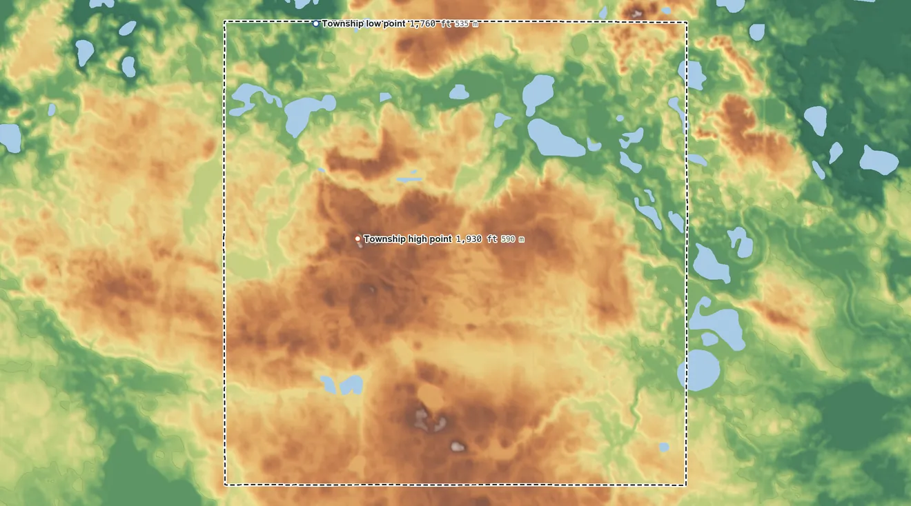 Topographic elevation map of Maydell Township, South Dakota, shaded from 1,760 ft on the northwest side to 1,930 ft on the northwest side