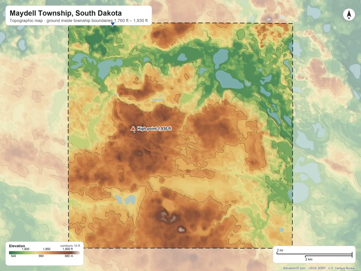 Topographic elevation map of Maydell Township, South Dakota, shaded from 1,760 ft on the northwest side to 1,930 ft on the northwest side