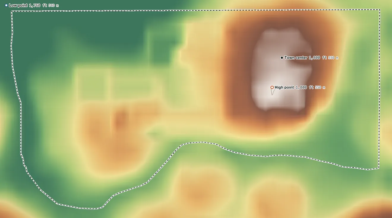 Topographic elevation map of Mayfield Colony, South Dakota, shaded from 1,760 ft on the west side to 1,800 ft near the middle