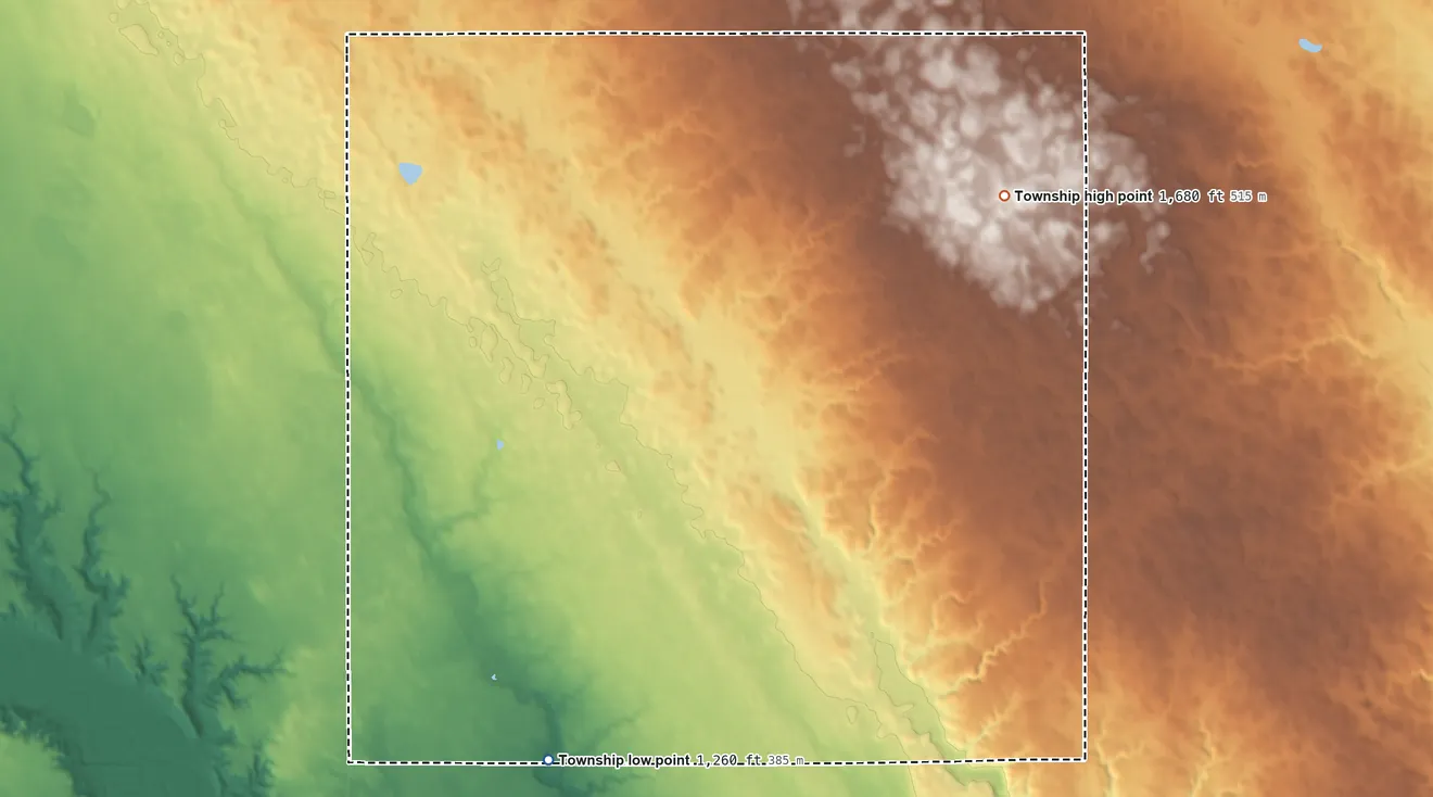 Topographic elevation map of Mayfield Township, South Dakota, shaded from 1,260 ft on the south side to 1,680 ft on the northeast side