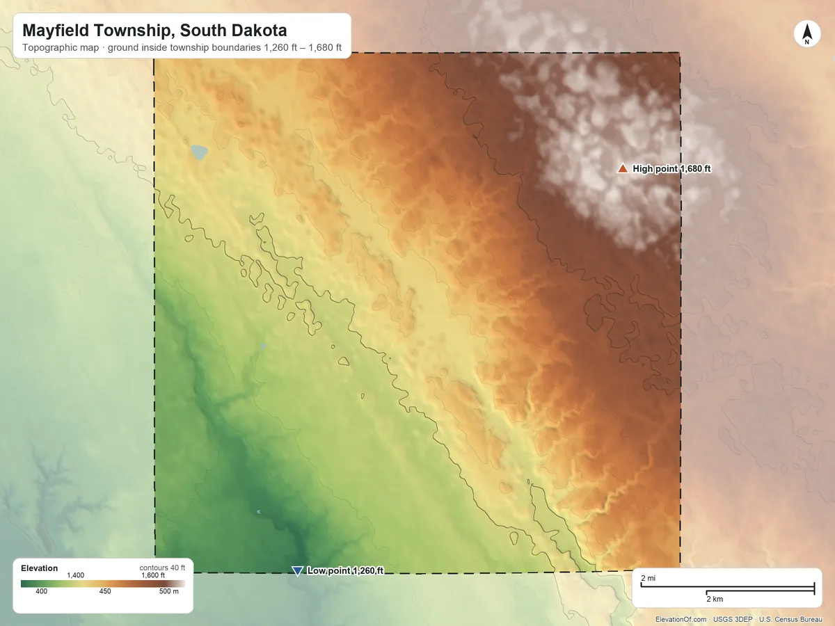 Topographic elevation map of Mayfield Township, South Dakota, shaded from 1,260 ft on the south side to 1,680 ft on the northeast side