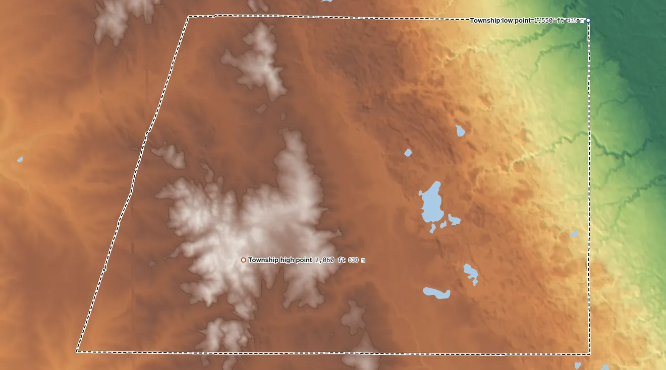 Topographic elevation map of Mazeppa Township, South Dakota, shaded from 1,550 ft on the northeast side to 2,060 ft on the southwest side
