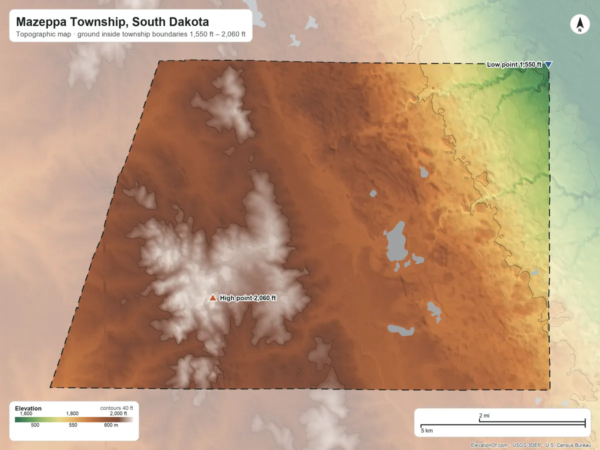 Topographic elevation map of Mazeppa Township, South Dakota, shaded from 1,550 ft on the northeast side to 2,060 ft on the southwest side