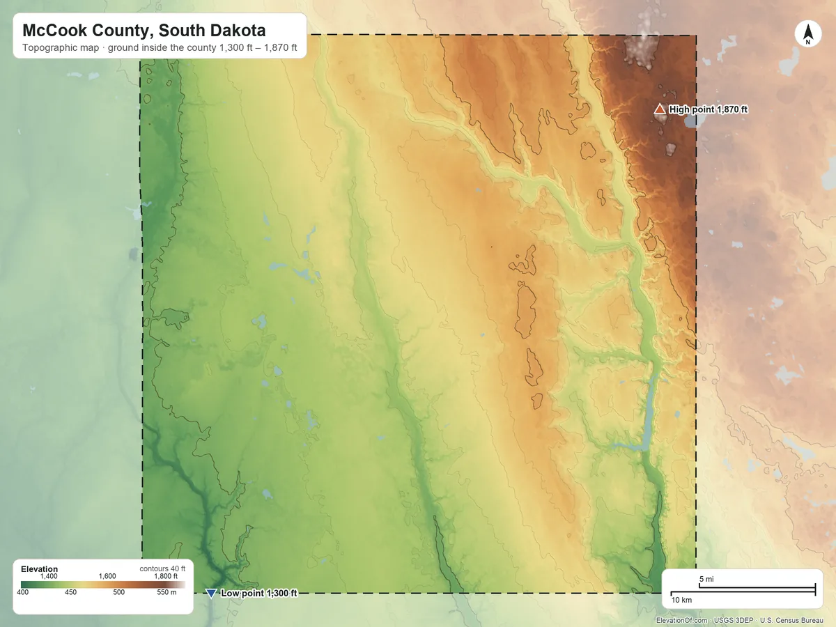 Topographic elevation map of McCook County, South Dakota, shaded from 1,300 ft on the southwest side to 1,870 ft on the northeast side