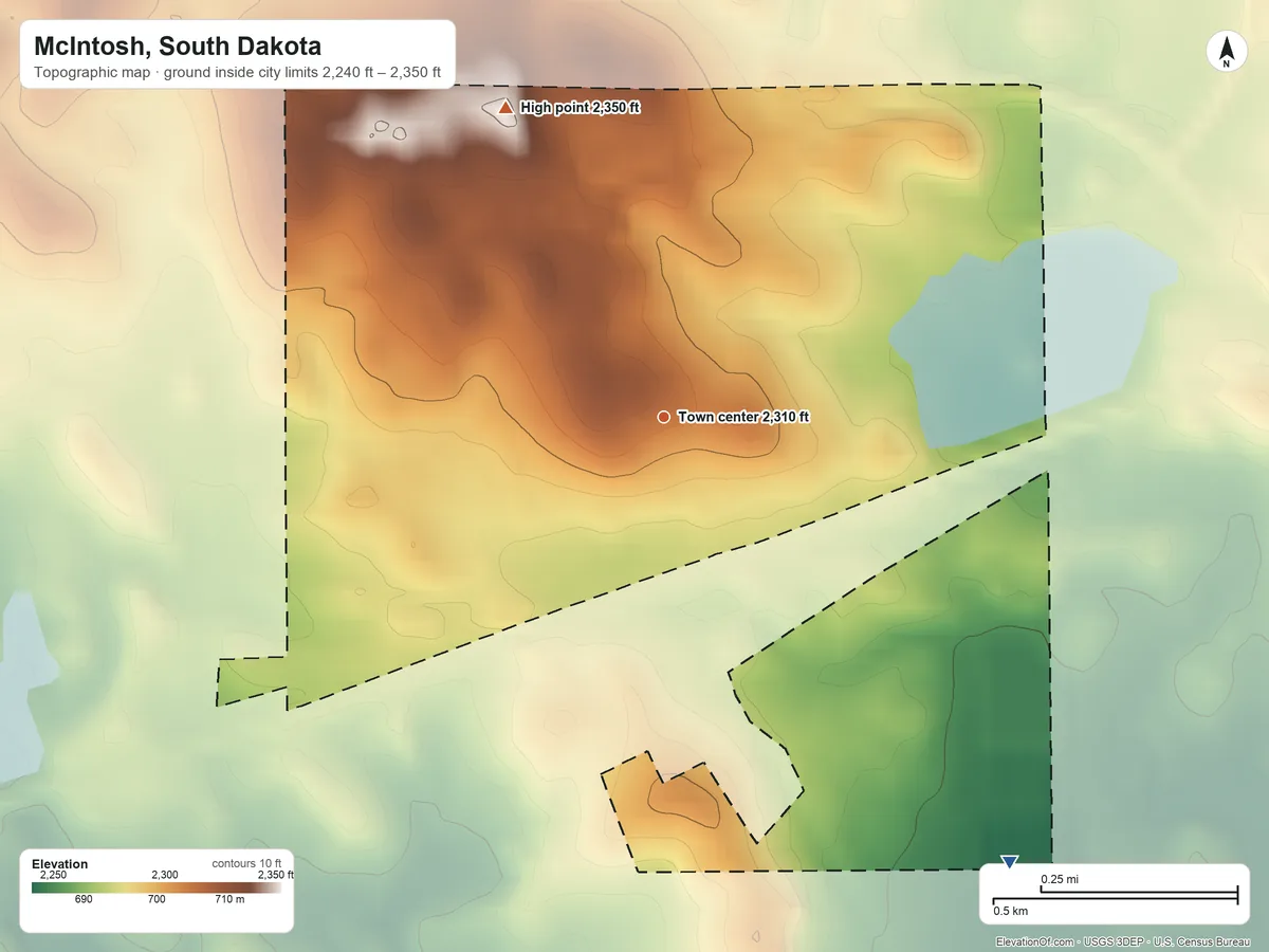 Topographic elevation map of McIntosh, South Dakota, shaded from 2,240 ft on the southeast side to 2,350 ft on the northwest side